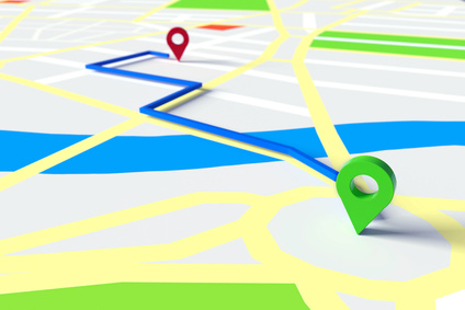 Bild zeigt moderne Straßenkarte mit Start- und Zielpunkt