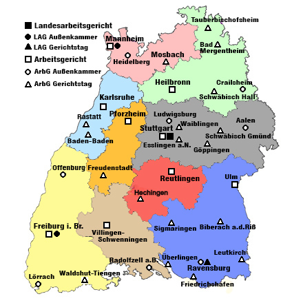 Gebietskarte des Landes Baden-Württemberg mit allen Gerichtsstandorten der Arbeitsgerichtsbarkeit